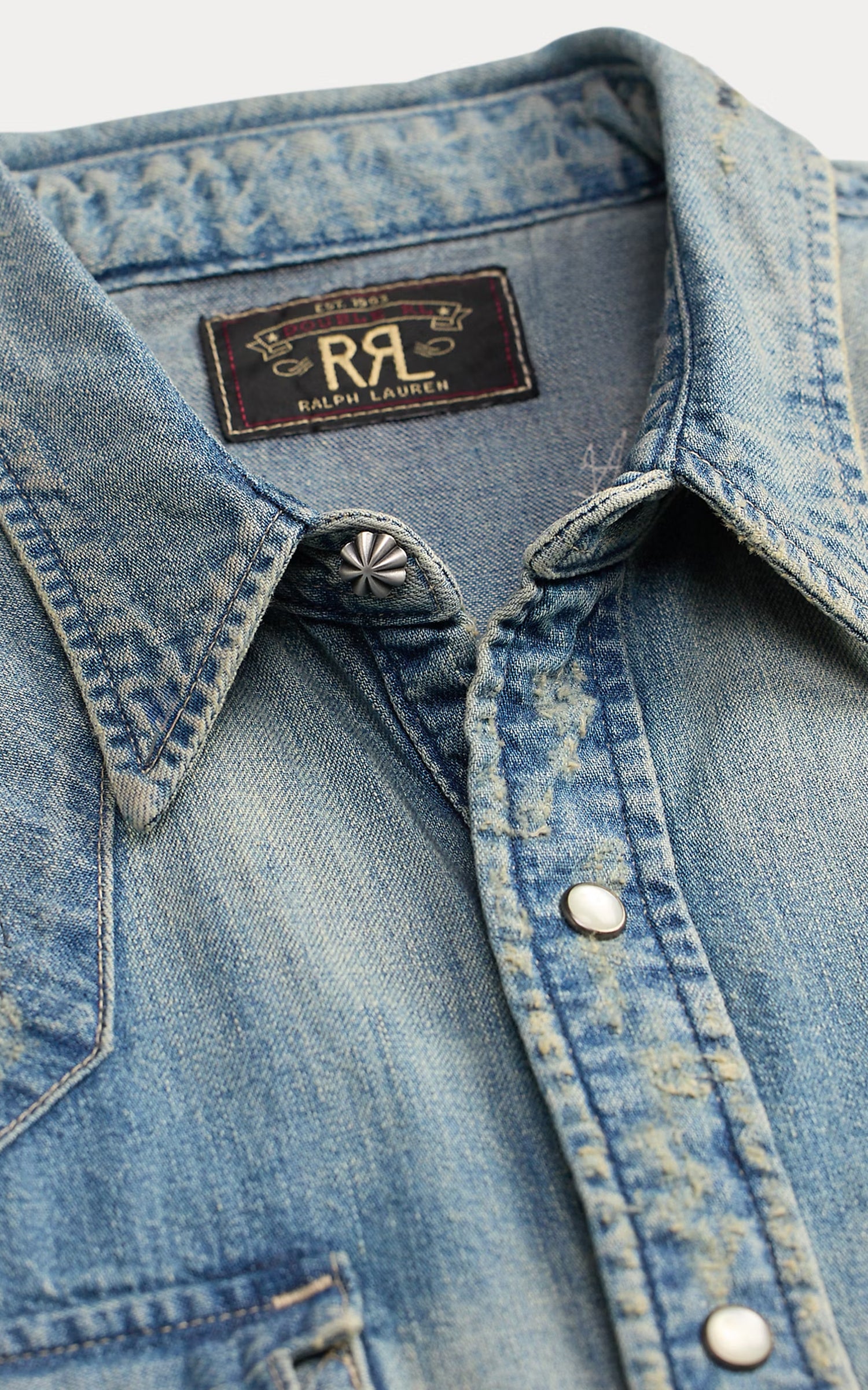 RRL Slim Fit Repaired Denim Western Shirt Addington Wash