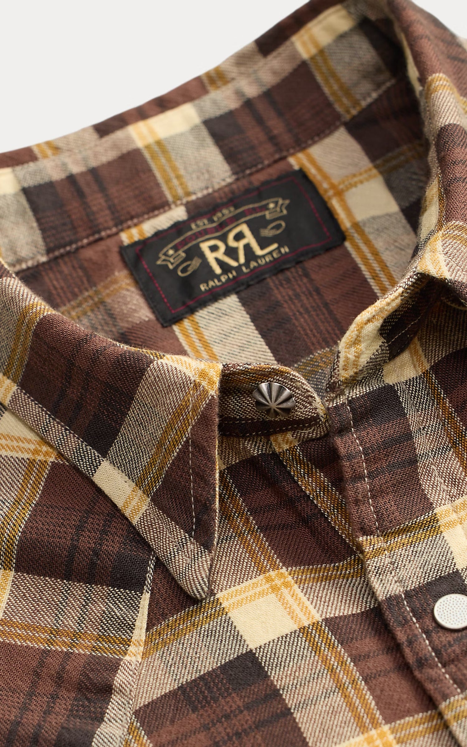 RRL Slim Fit Plaid Twill Western Shirt Brown/Mustard/Cream