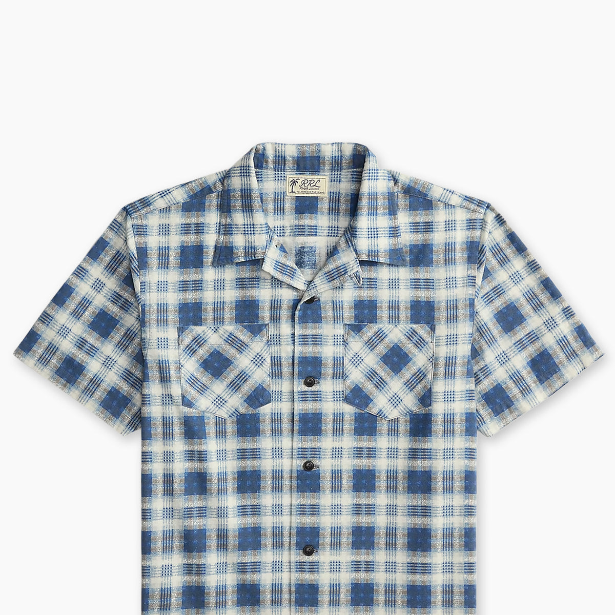 RRL Plaid-Print Brushed Camp Shirt Indigo Blue/Black