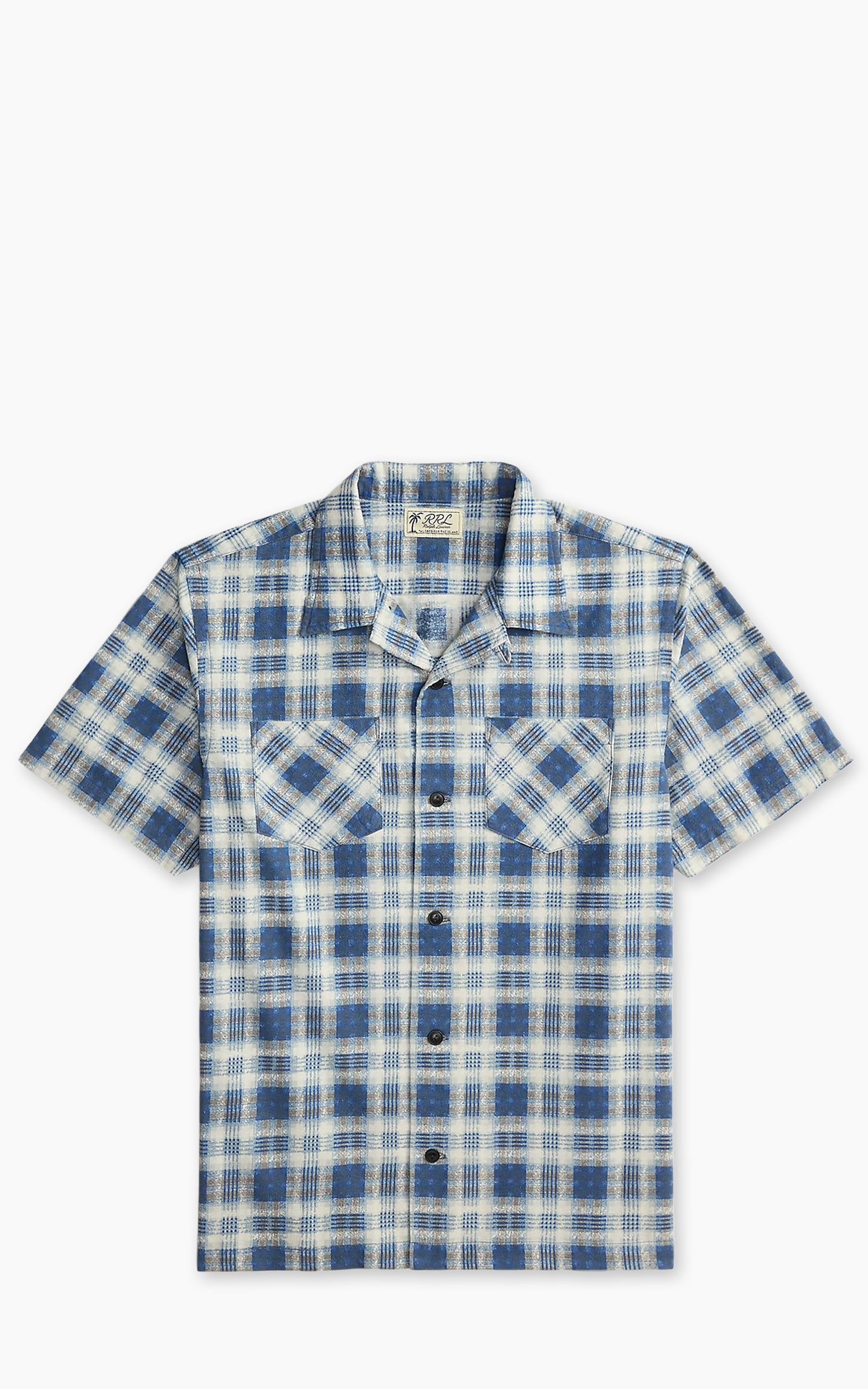 RRL Plaid-Print Brushed Camp Shirt Indigo Blue/Black