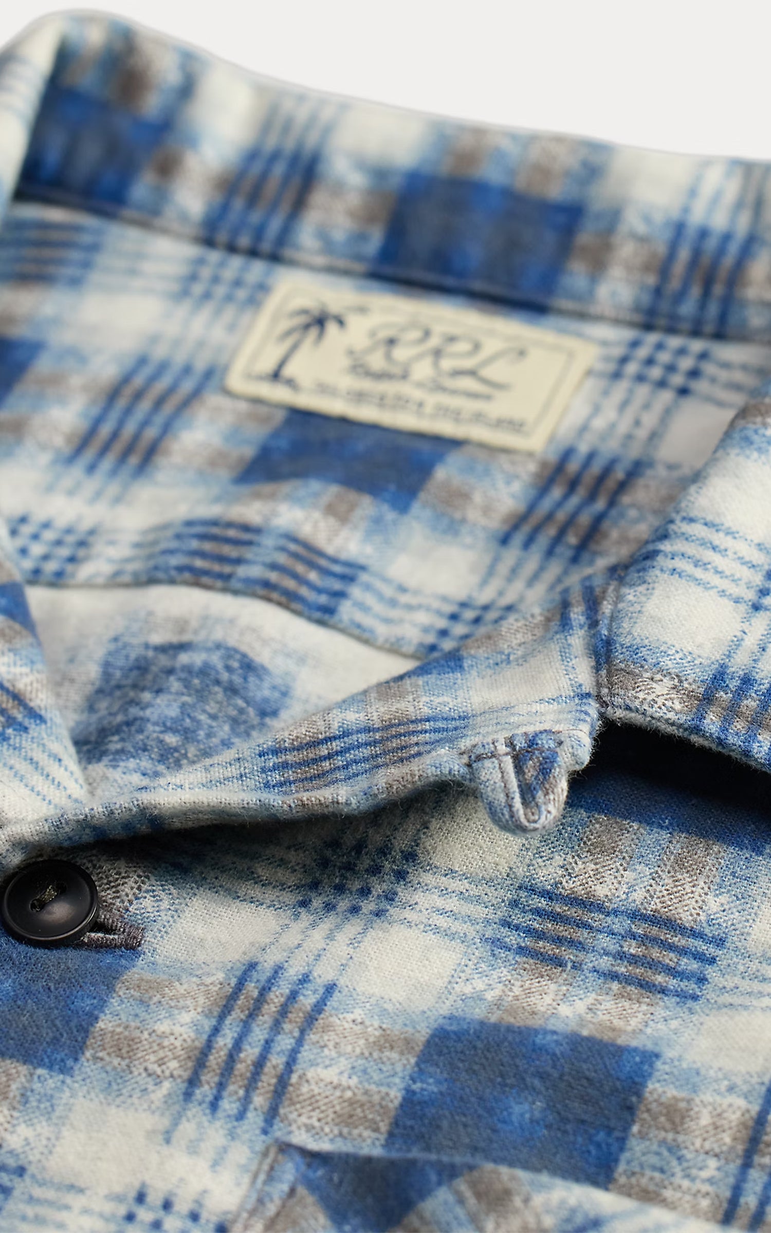RRL Plaid-Print Brushed Camp Shirt Indigo Blue/Black