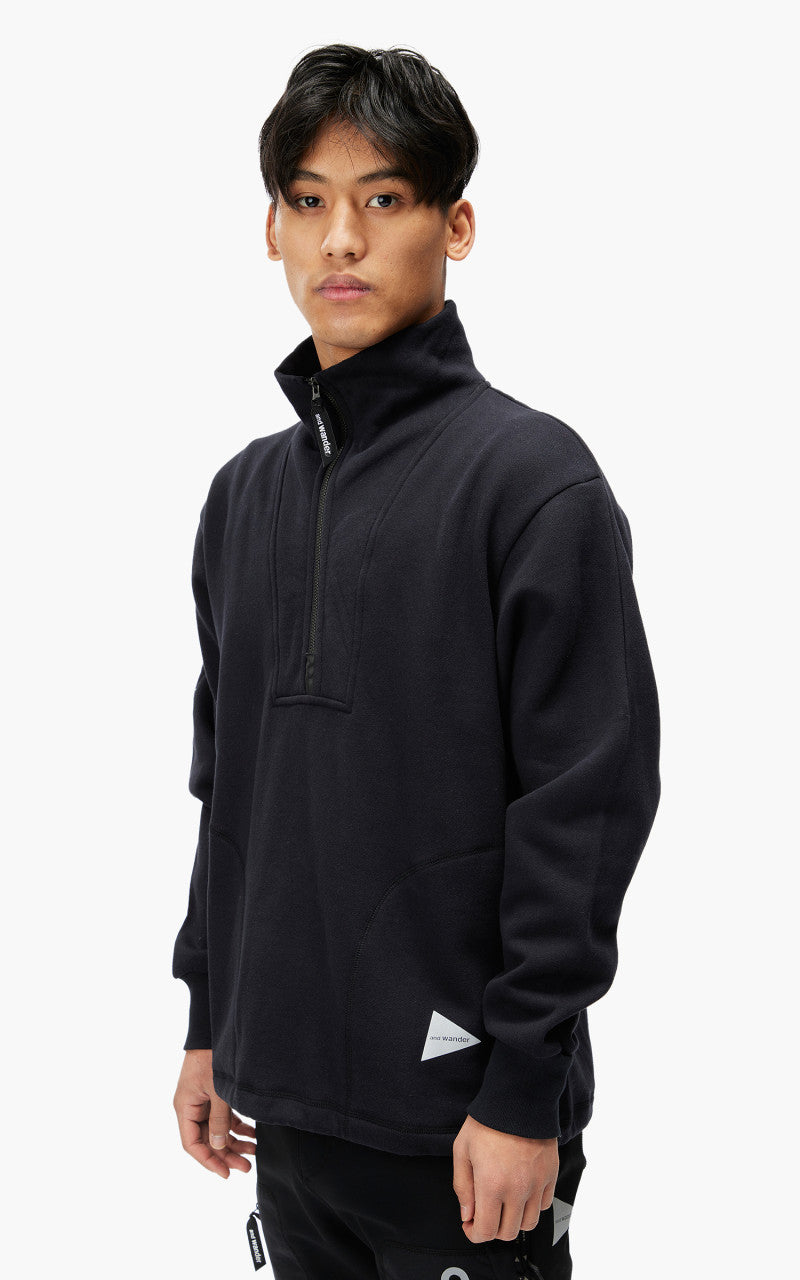 and wander Cotton Wool Half Zip Sweat Black