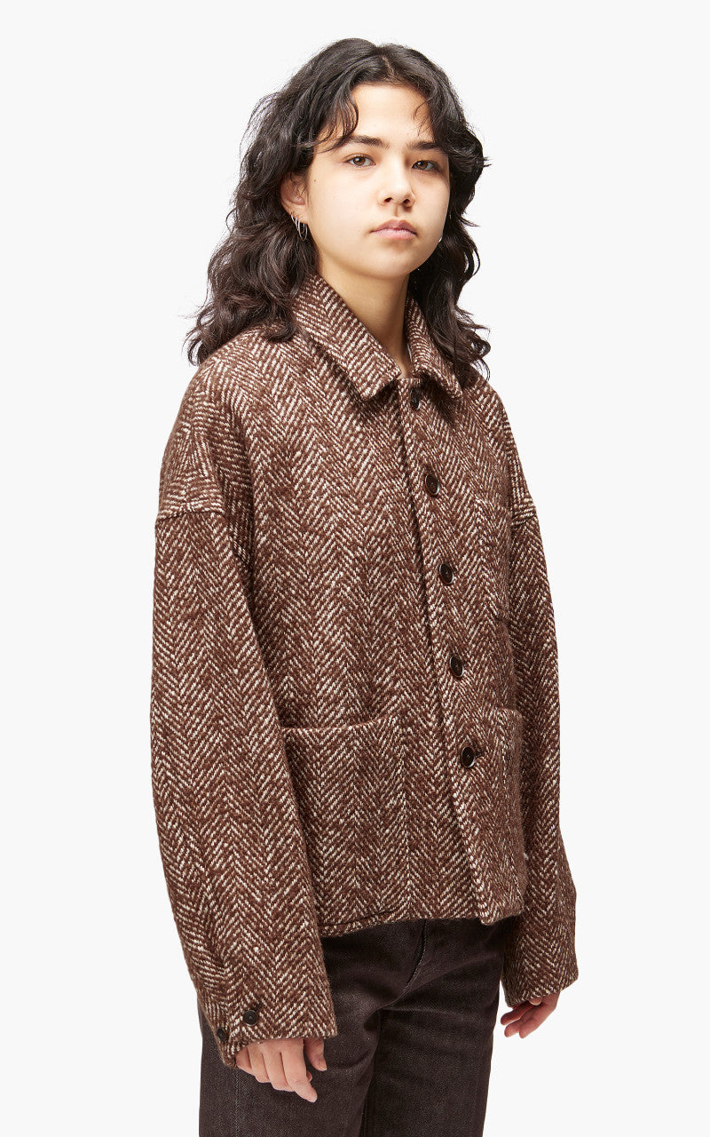 Auralee W Wool Alpaca Herringbone Tweed Short Blouson Brown Herringbone