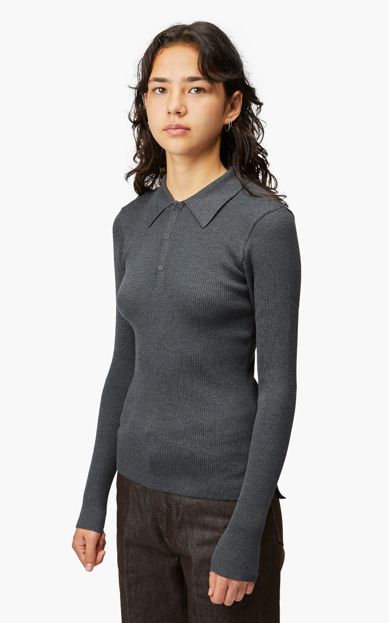 Auralee W Super Fine Wool High Gauge Rib Knit Polo L/S Tee Top Charcoal