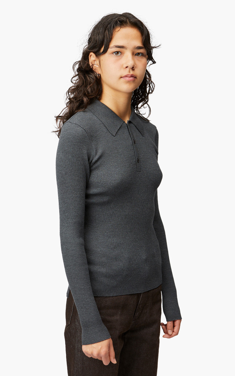 Auralee W Super Fine Wool High Gauge Rib Knit Polo L/S Tee Top Charcoal