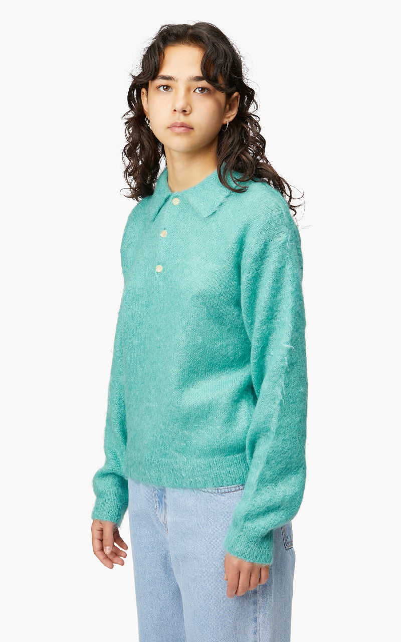 Auralee W Brushed Super Kid Mohair Knit Polo Blue