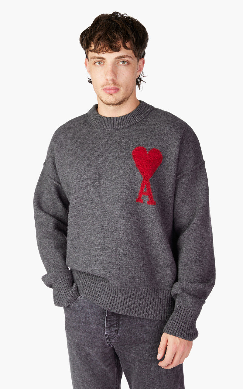 AMI Paris Red ADC Sweater Heather Grey/Red