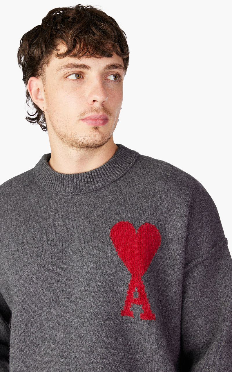 AMI Paris Red ADC Sweater Heather Grey/Red