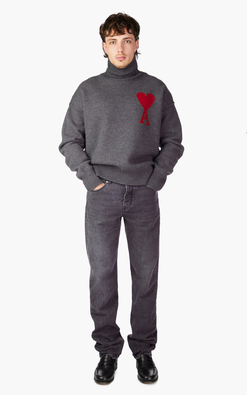 AMI Paris Red ADC Sweater Turtleneck Heather Grey/Red
