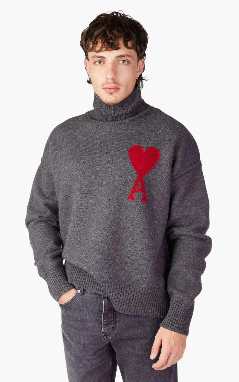 AMI Paris Red ADC Sweater Turtleneck Heather Grey/Red