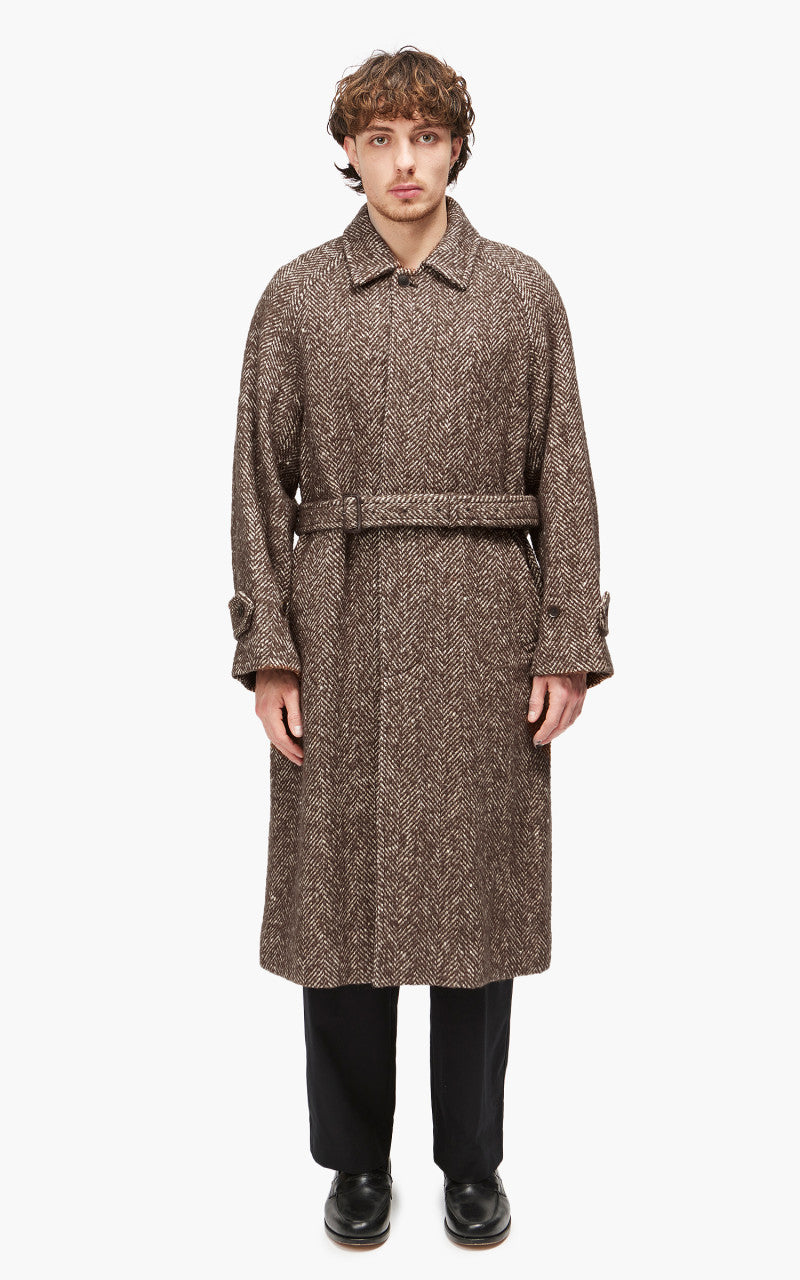 Auralee Wool Alpaca Herringbone Tweed Soutien Collar Coat Brown Herringbone