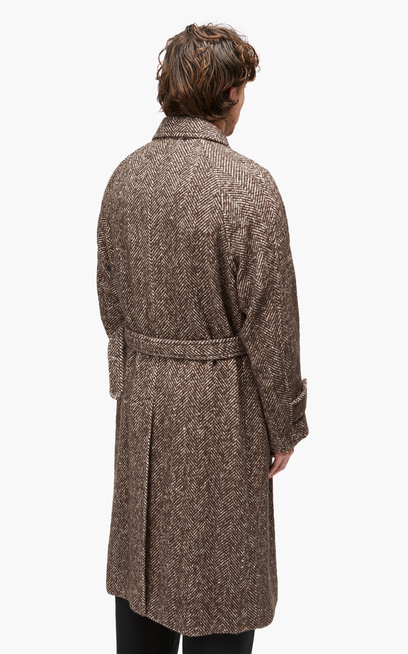 Auralee Wool Alpaca Herringbone Tweed Soutien Collar Coat Brown