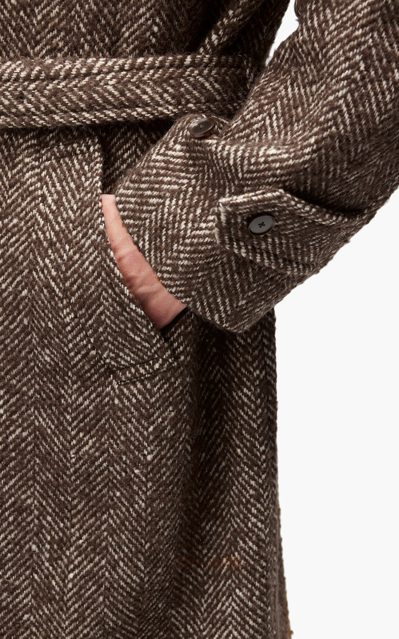 Auralee Wool Alpaca Herringbone Tweed Soutien Collar Coat Brown