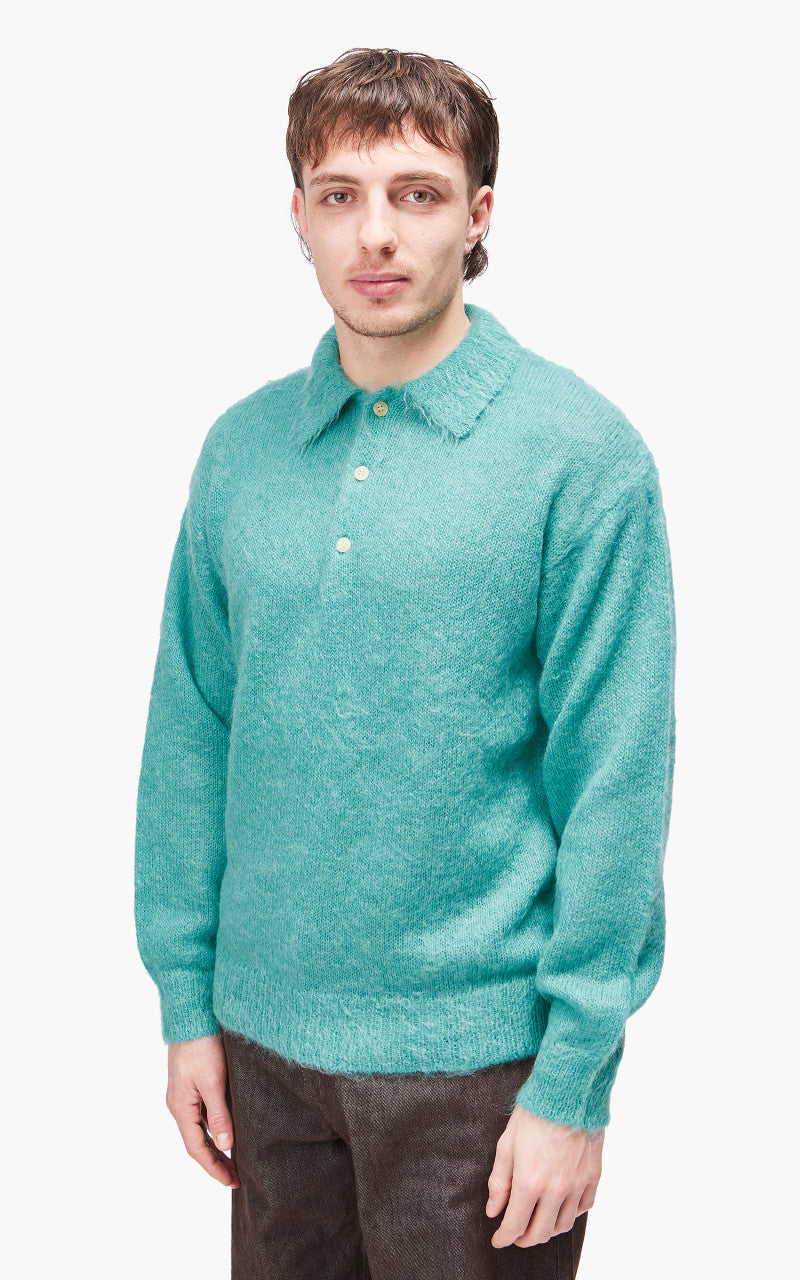 Auralee Brushed Super Kid Mohair Knit Polo Blue