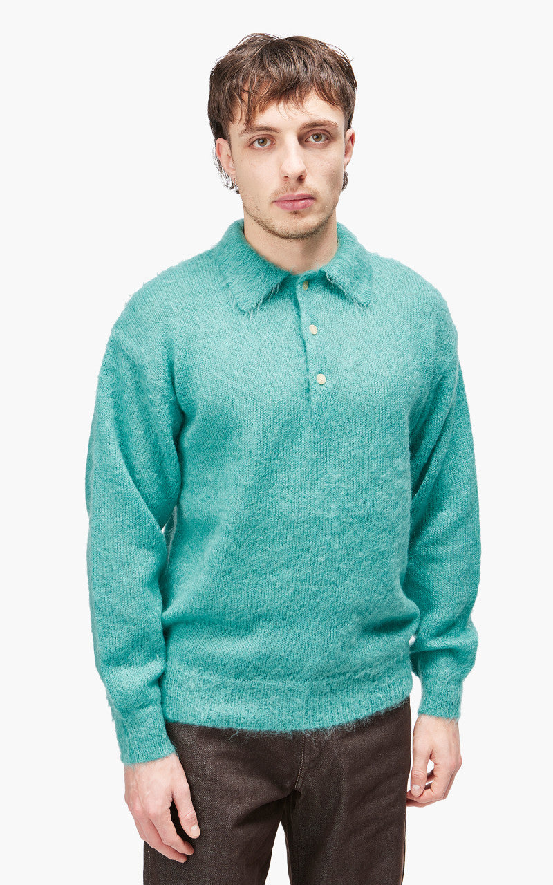 Auralee Brushed Super Kid Mohair Knit Polo Blue