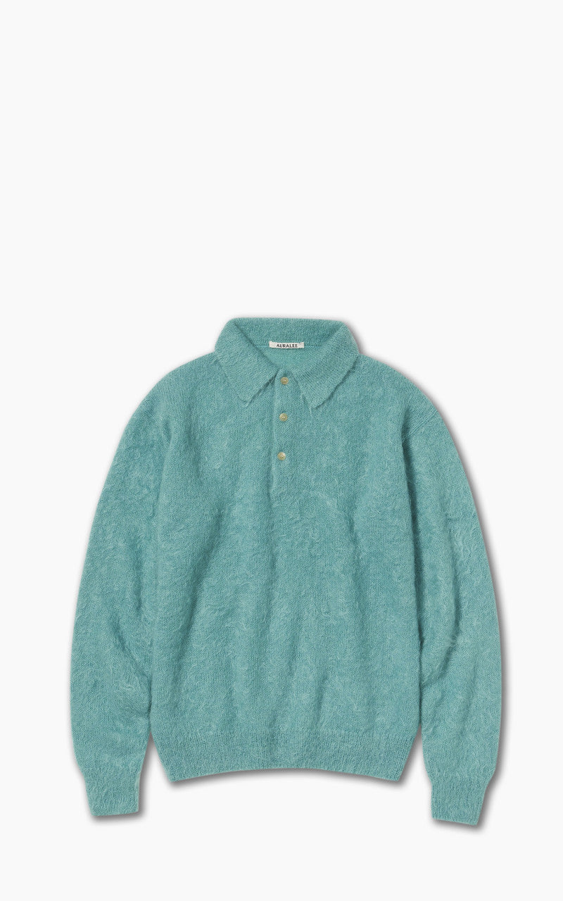 Auralee Brushed Super Kid Mohair Knit Polo Blue