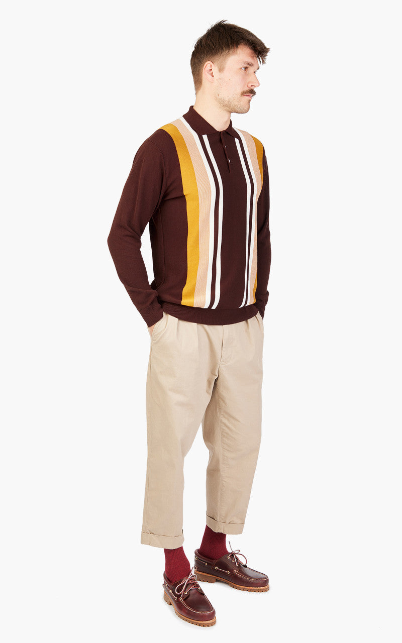 Beams Plus Knit 12-Gauge Striped Polo Shirt Brown
