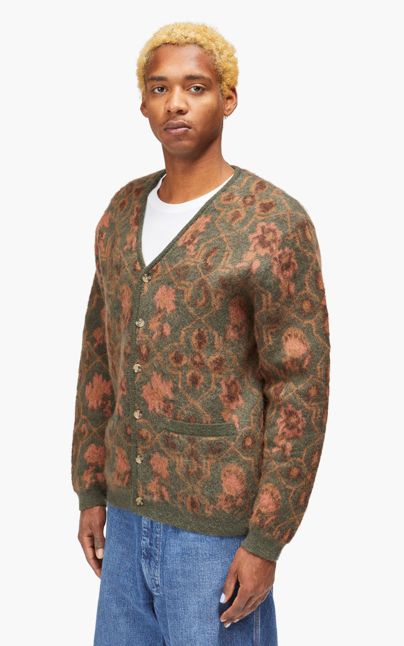 Beams Plus Cardigan Botanical Pattern Jacquard Olive