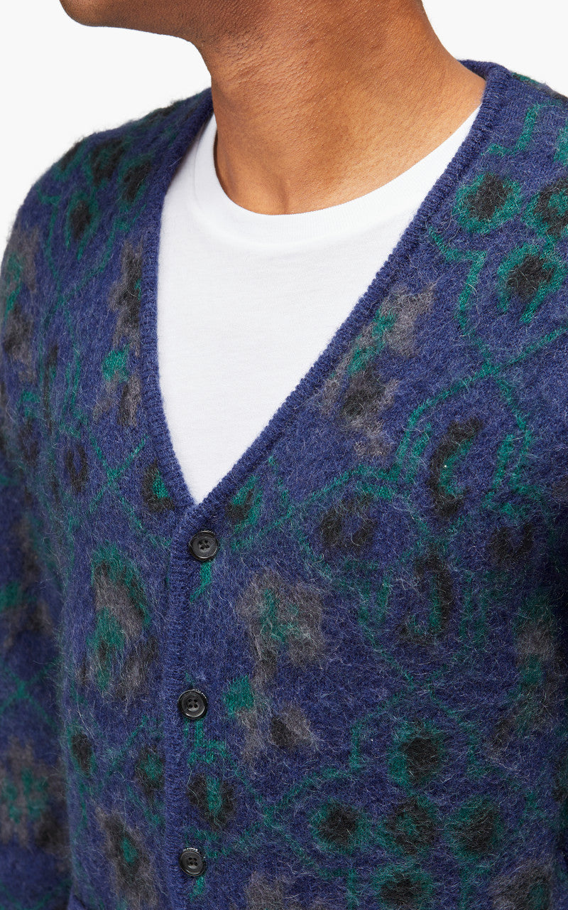 Beams Plus Cardigan Botanical Pattern Jacquard Navy