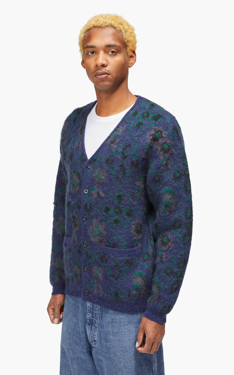 Beams Plus Cardigan Botanical Pattern Jacquard Navy