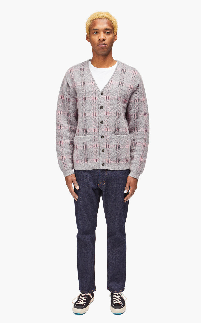 Beams Plus Cardigan Check Pattern Jacquard Mohair 9G Grey