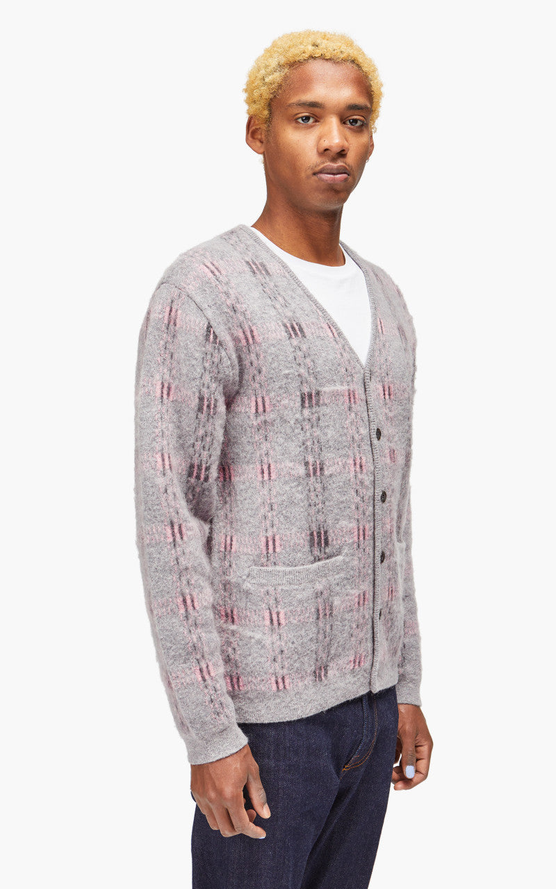 Beams Plus Cardigan Check Pattern Jacquard Mohair 9G Grey