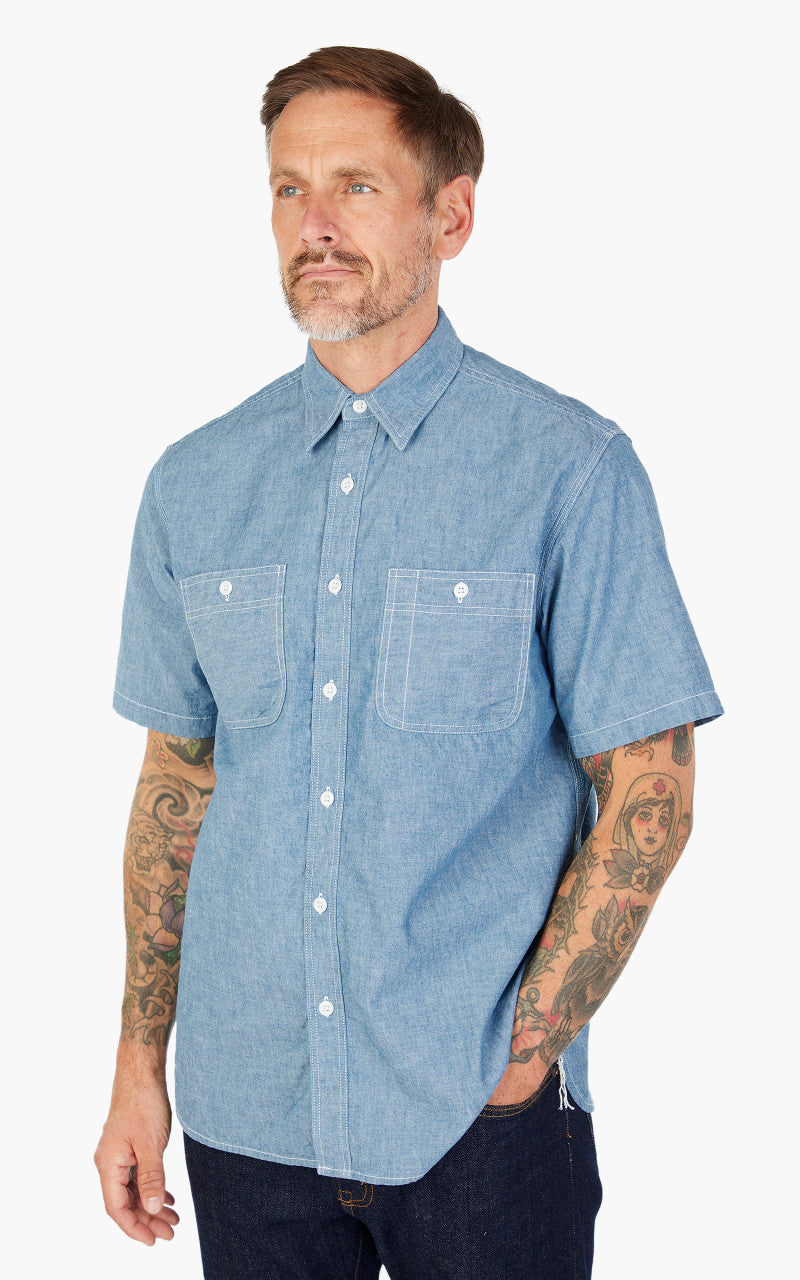 Beams Plus Short Sleeve Work Shirt Selvedge Chambray Sax