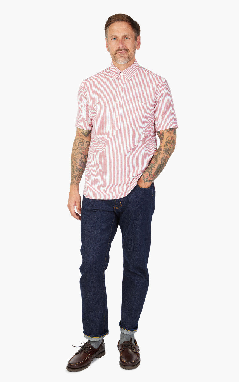 Beams Plus Knitted Oxford Striped Button Down Shirt Red