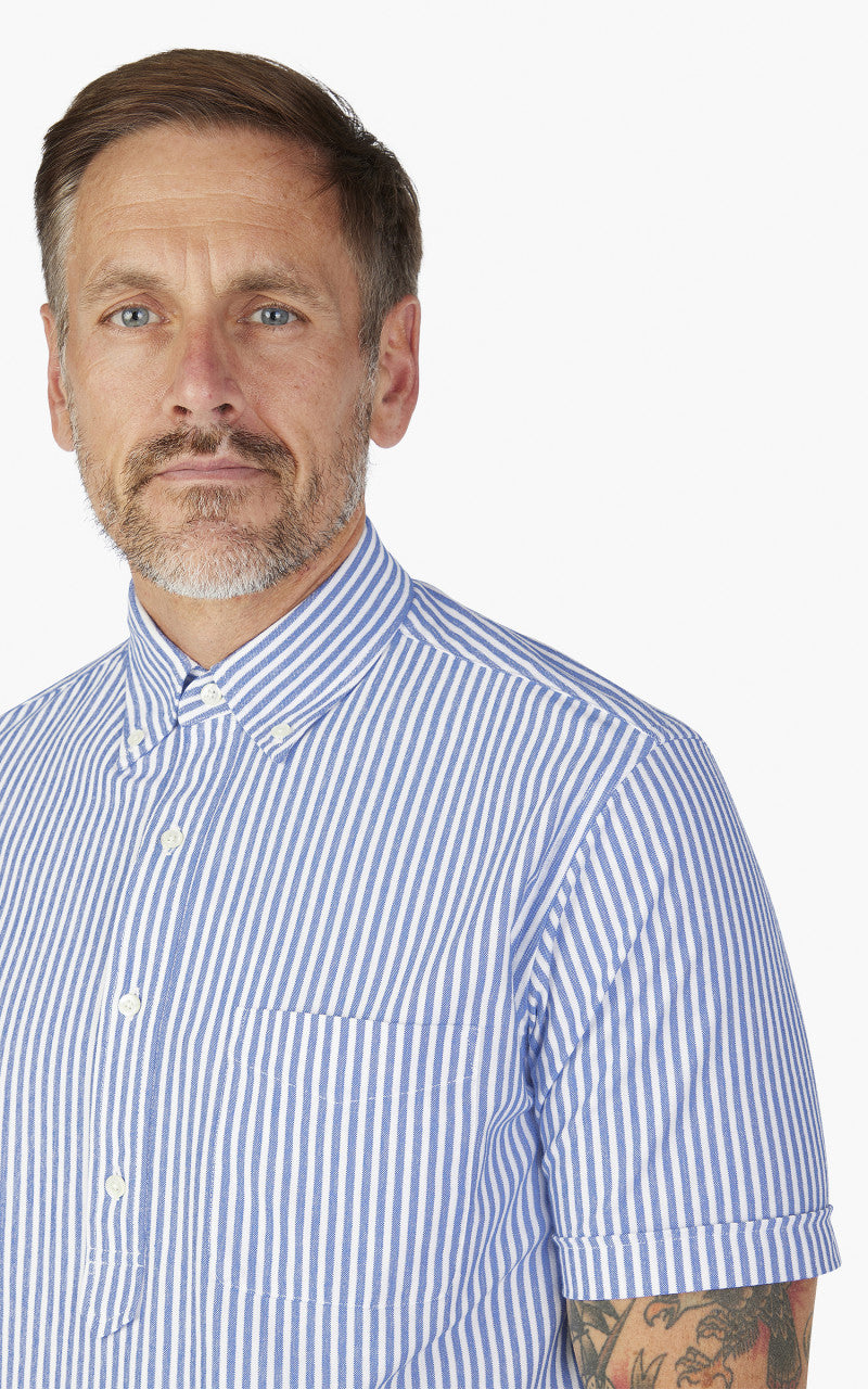 Beams Plus Knitted Oxford Striped Button Down Shirt Blue