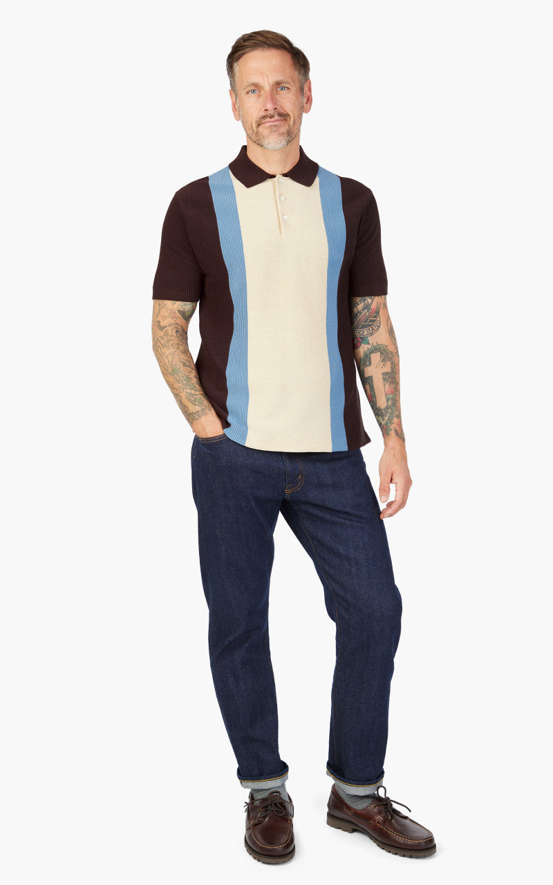 Beams Plus Cotton Knit Striped Polo Shirt Brown