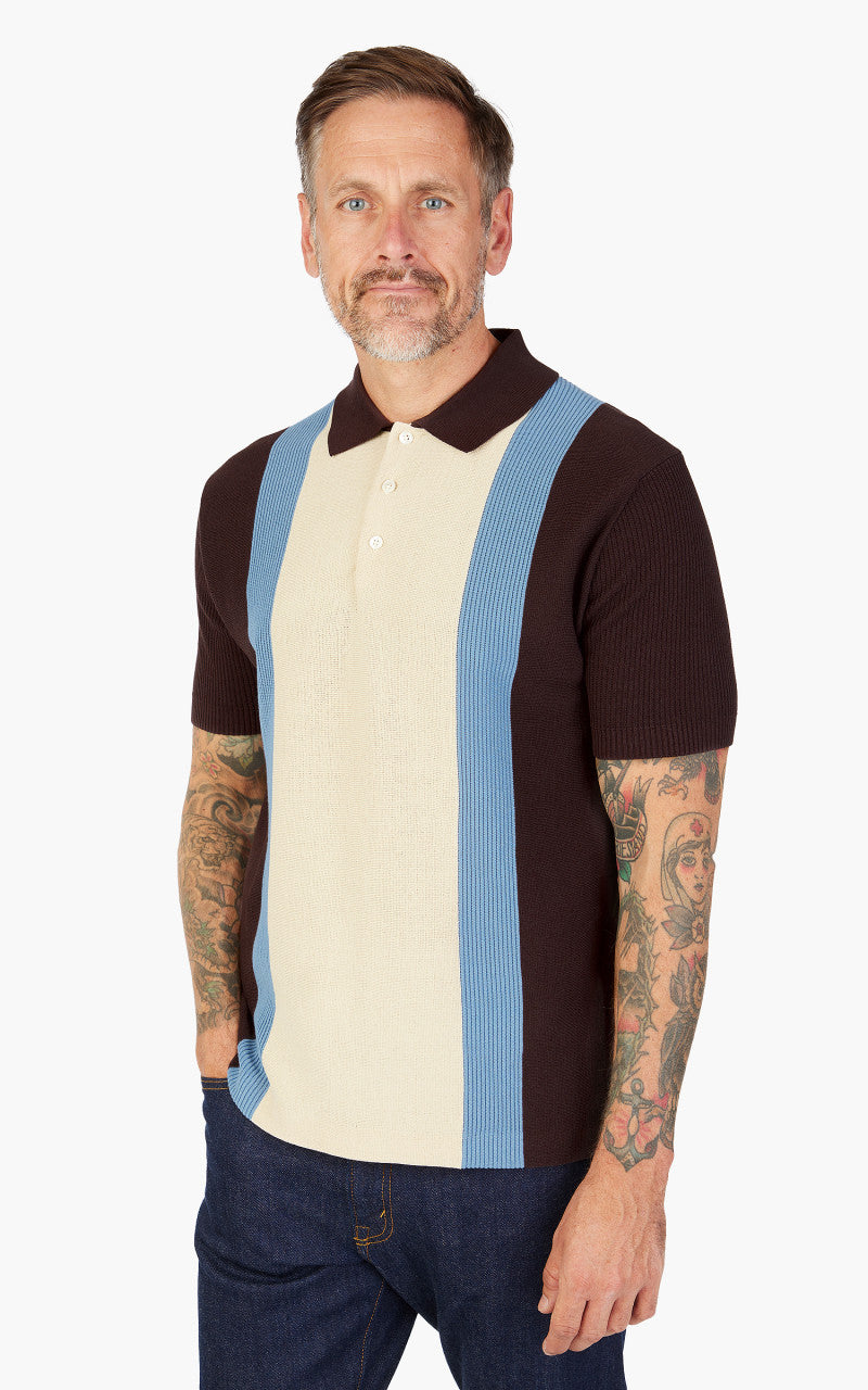 Beams Plus Cotton Knit Striped Polo Shirt Brown