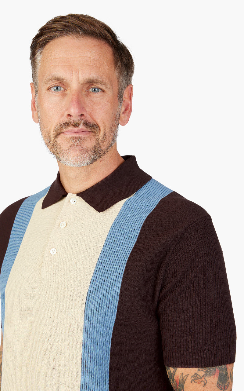 Beams Plus Cotton Knit Striped Polo Shirt Brown