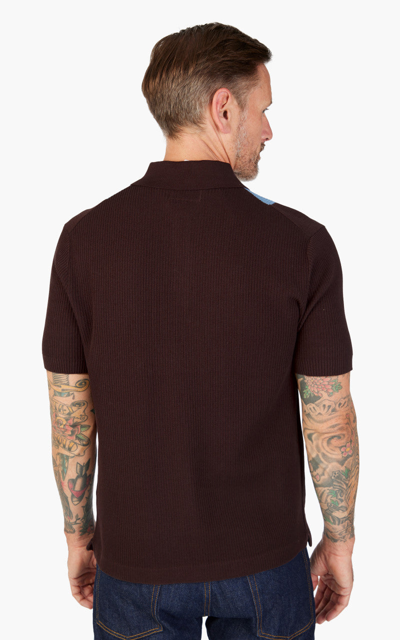 Beams Plus Cotton Knit Striped Polo Shirt Brown
