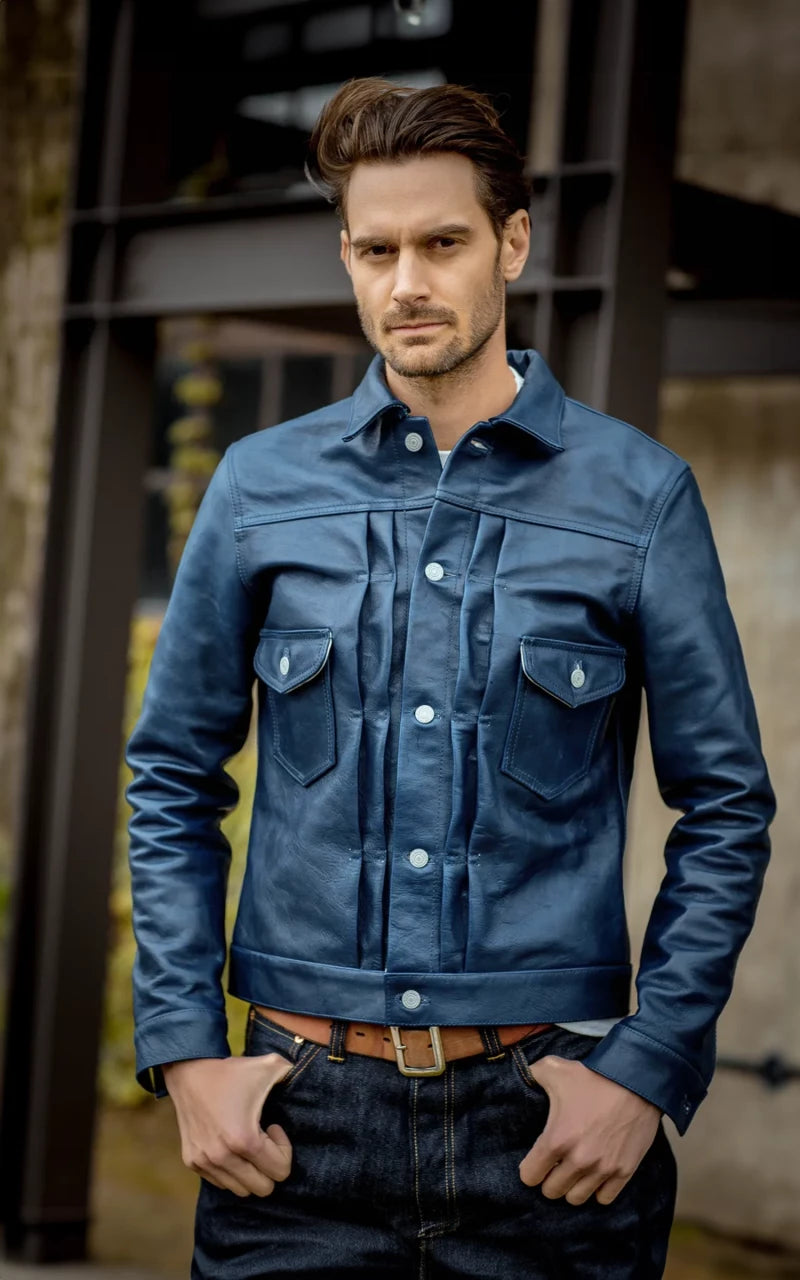 Double Helix Gold Digger Horsehide Leather Jacket Indigo