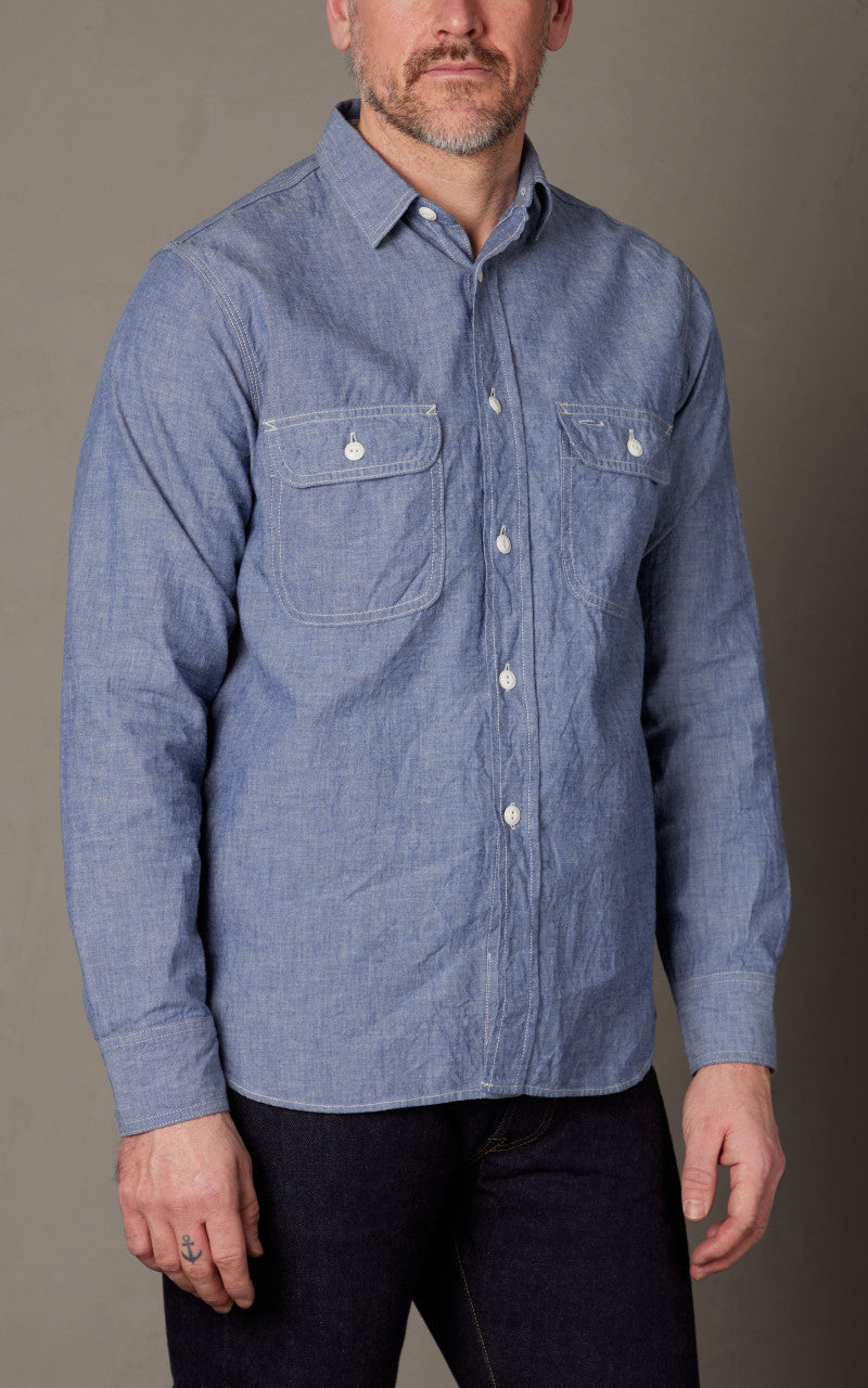 FOB Factory F3494 Chambray Work Shirt Navy