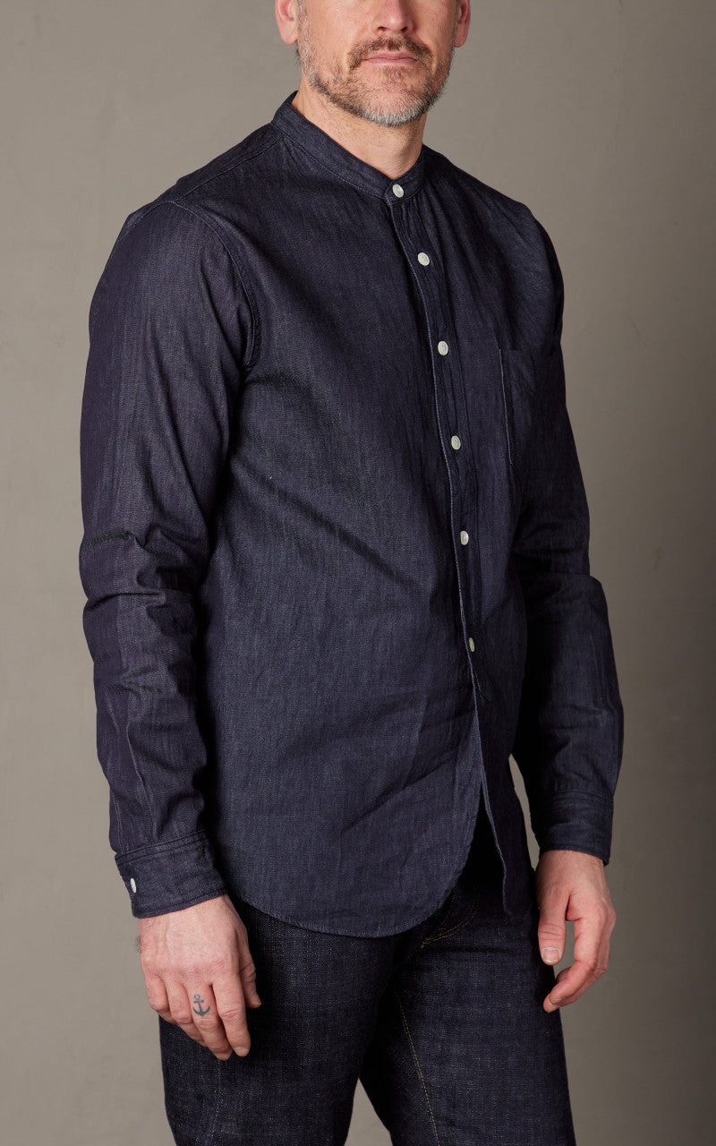 FOB Factory F3470 Denim Bandkragenhemd Gewaschen Blau