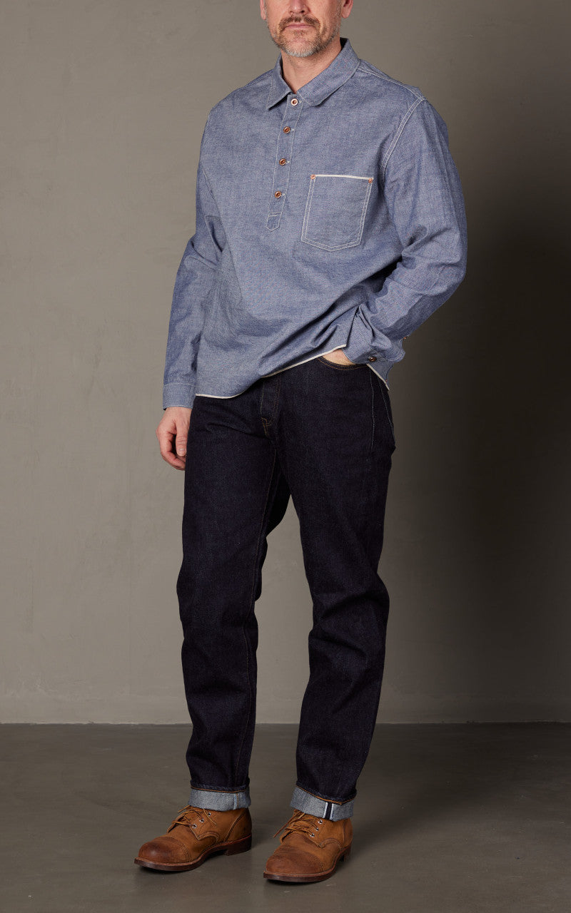 FOB Factory F3487 Chambray Selvedge Pullover Shirt Blue