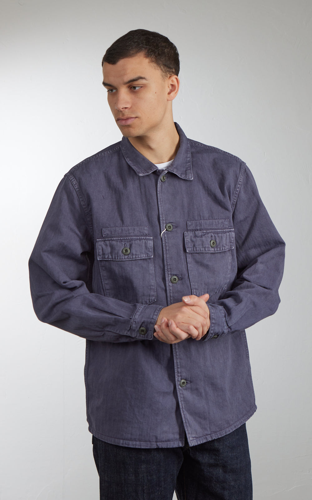 FOB Factory F2461 Fischgrätmuster-Fatigue-Jacke Navy