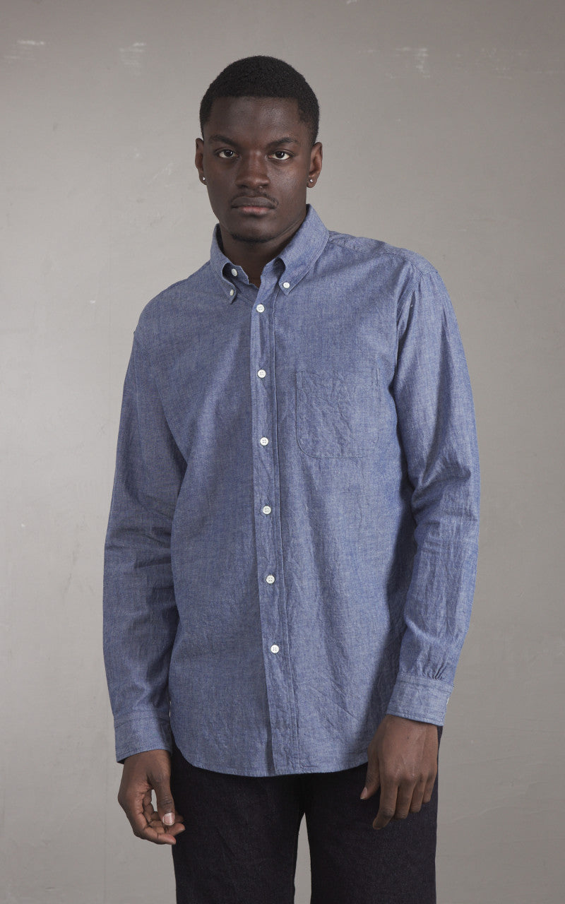 FOB Factory F3501 Selvedge Chambray Button Down Shirt Blue