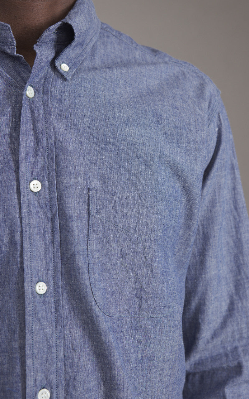 FOB Factory F3501 Selvedge Chambray Button Down Shirt Blue