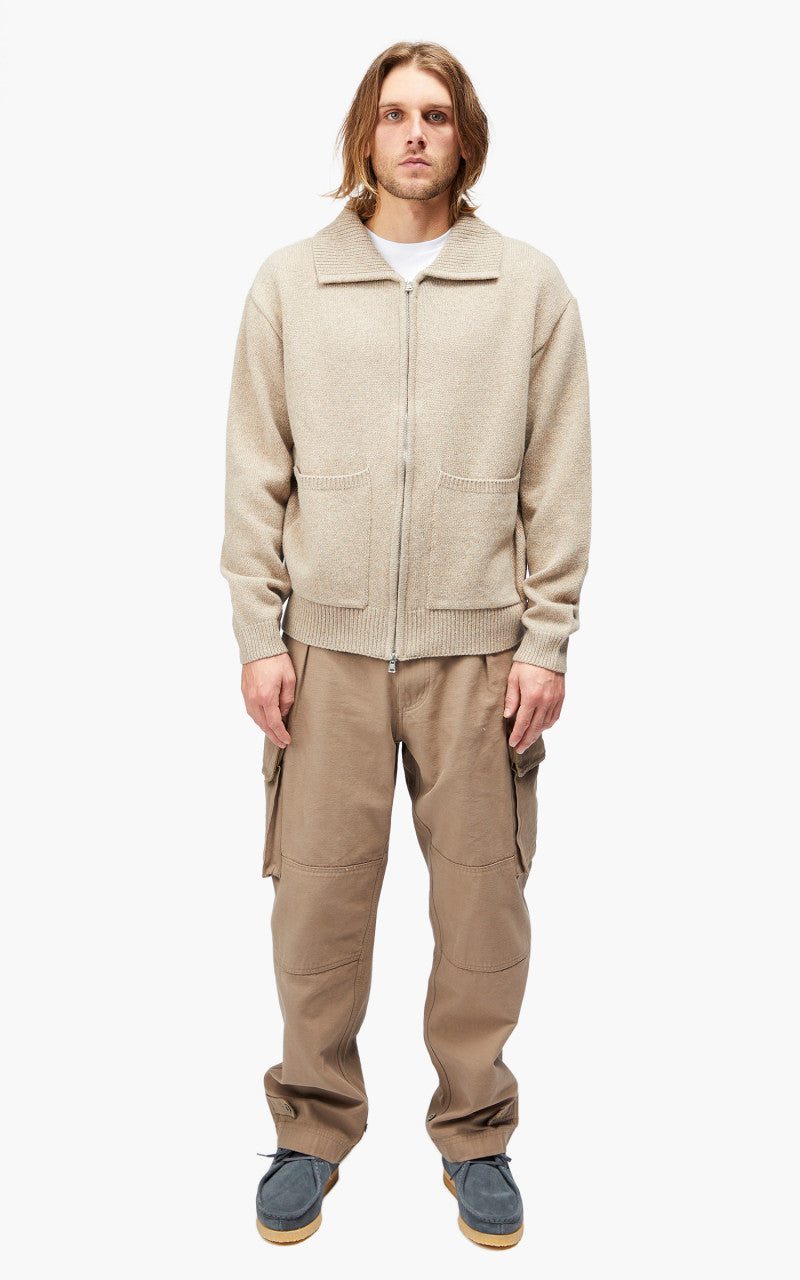 FrizmWORKS Wool Collar Zip Up Knit Cardigan Oatmeal