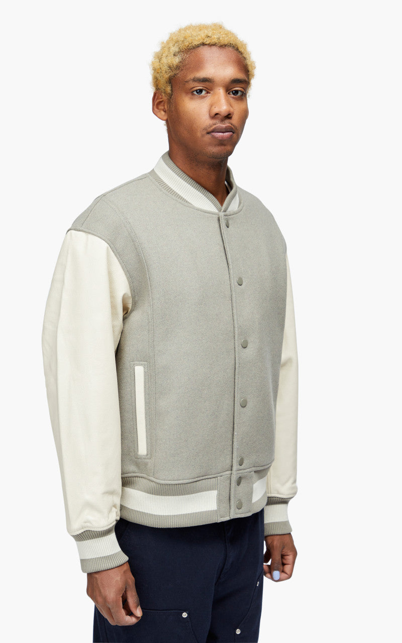 FrizmWORKS Leather Varsity Jacket Light Grey