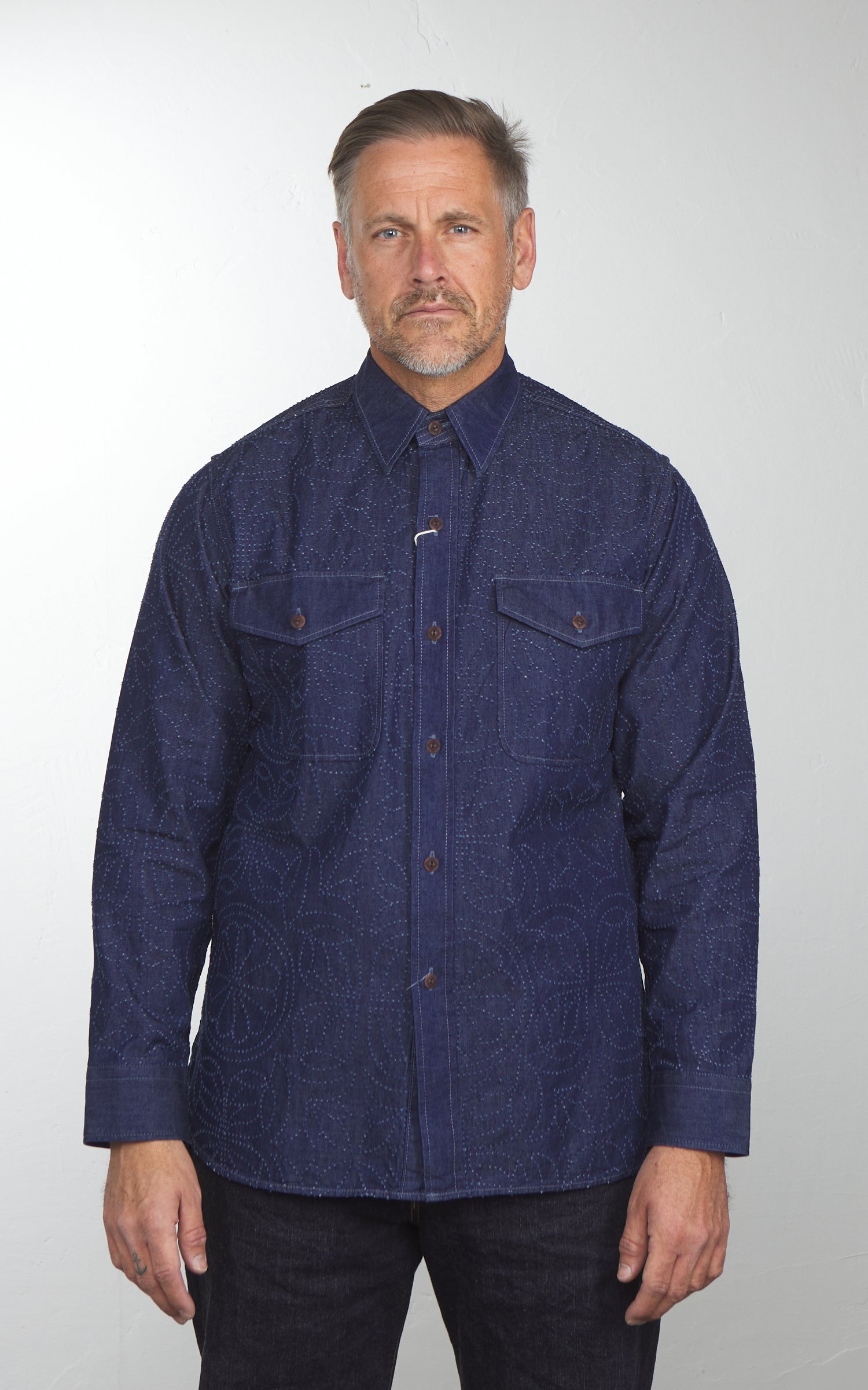 Graph Zero Officer L/S Shirt Flowers Indigo