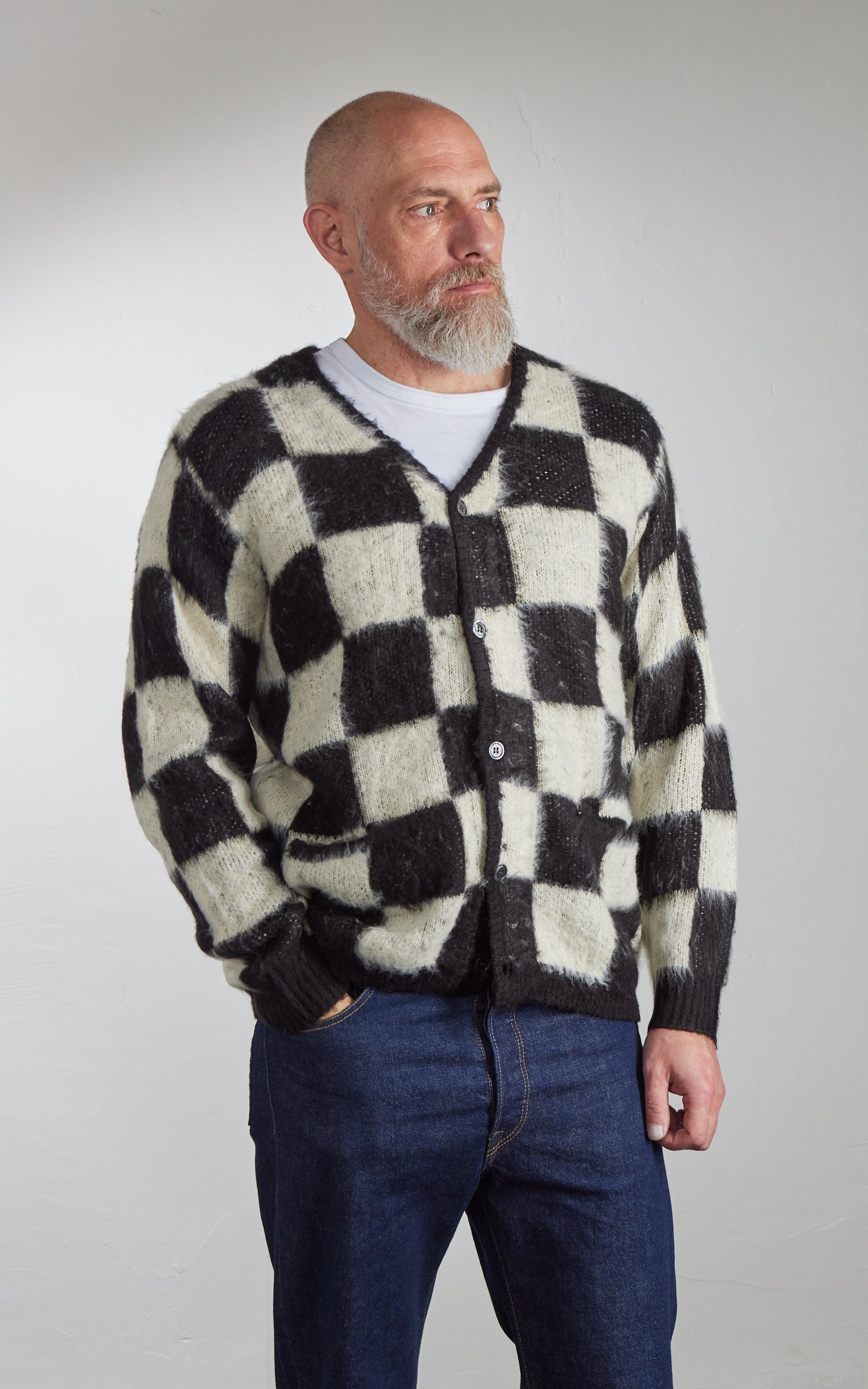 Houston UNIVERD72 Mohair Touch Brushed Cardigan Checkered Flag Black