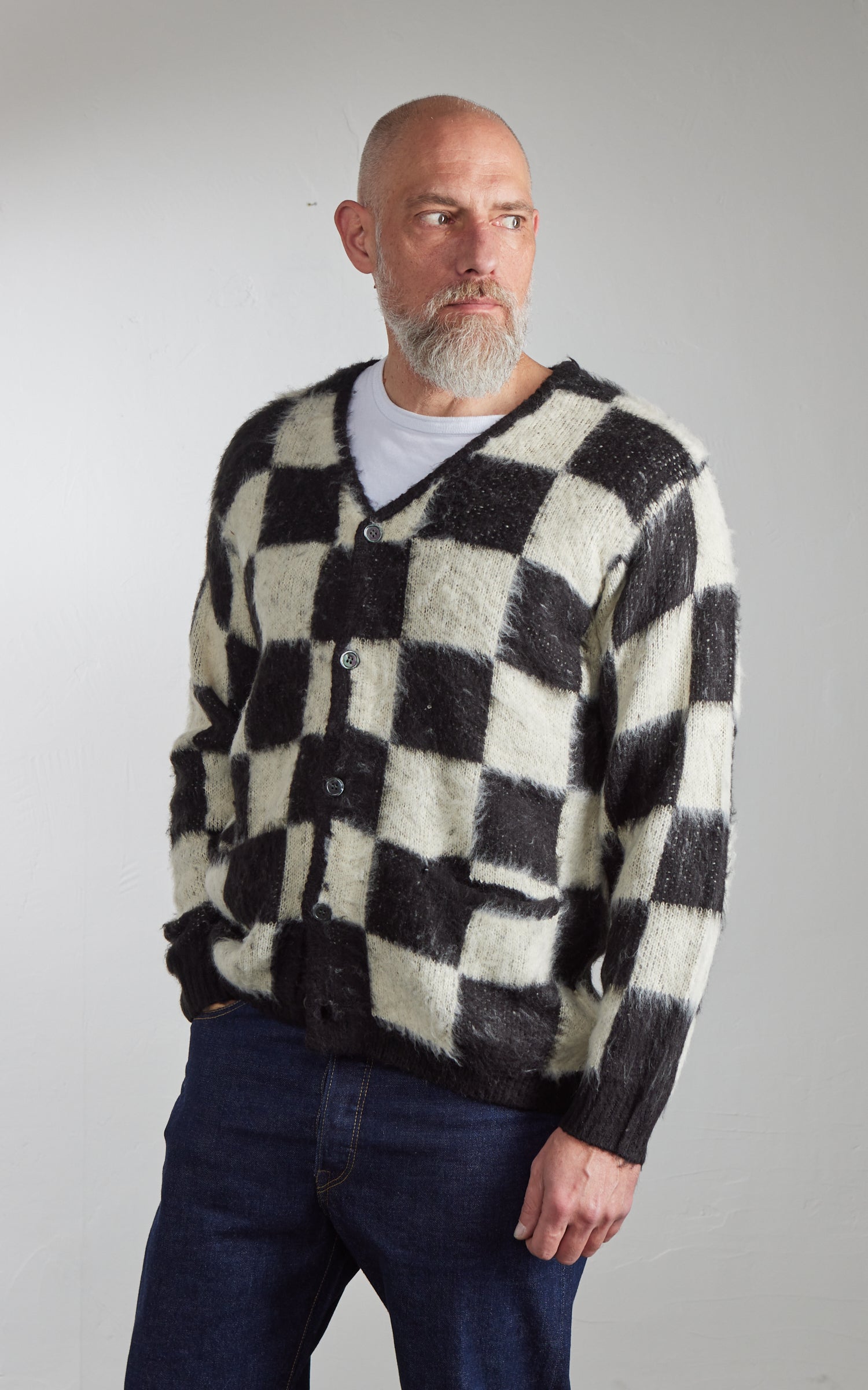 Houston UNIVERD72 Mohair Touch Brushed Cardigan Checkered Flag Black