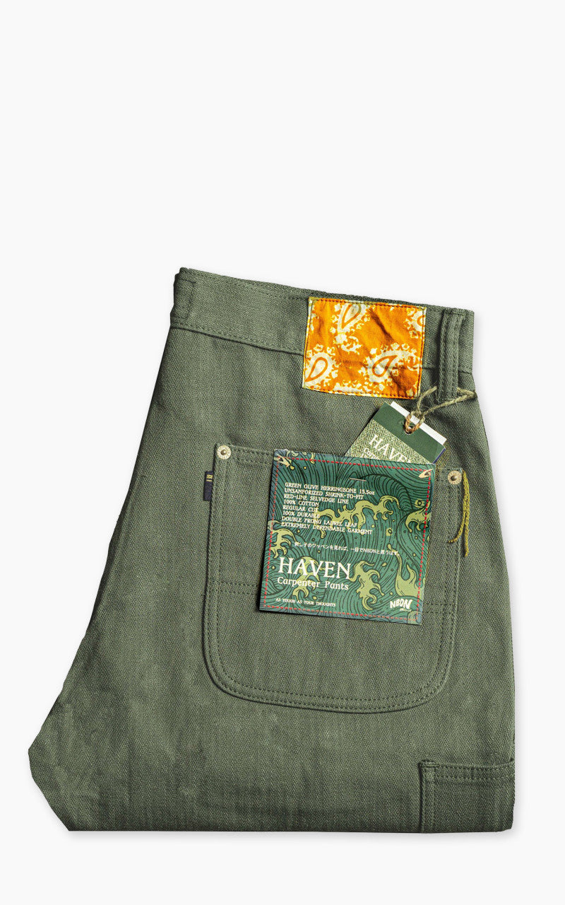 NBDN Haven Herringbone Selvedge Carpenter Pants Olive Green 15.5oz