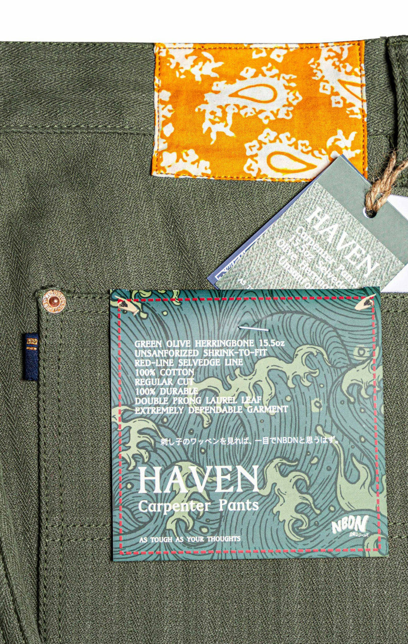 NBDN Haven Herringbone Selvedge Carpenter Pants Olive Green 15.5oz