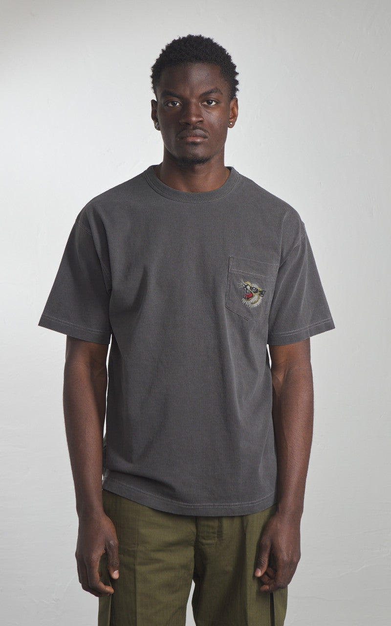 Houston Pigment Dyed Tiger Souvenir Pocket T-Shirt Black