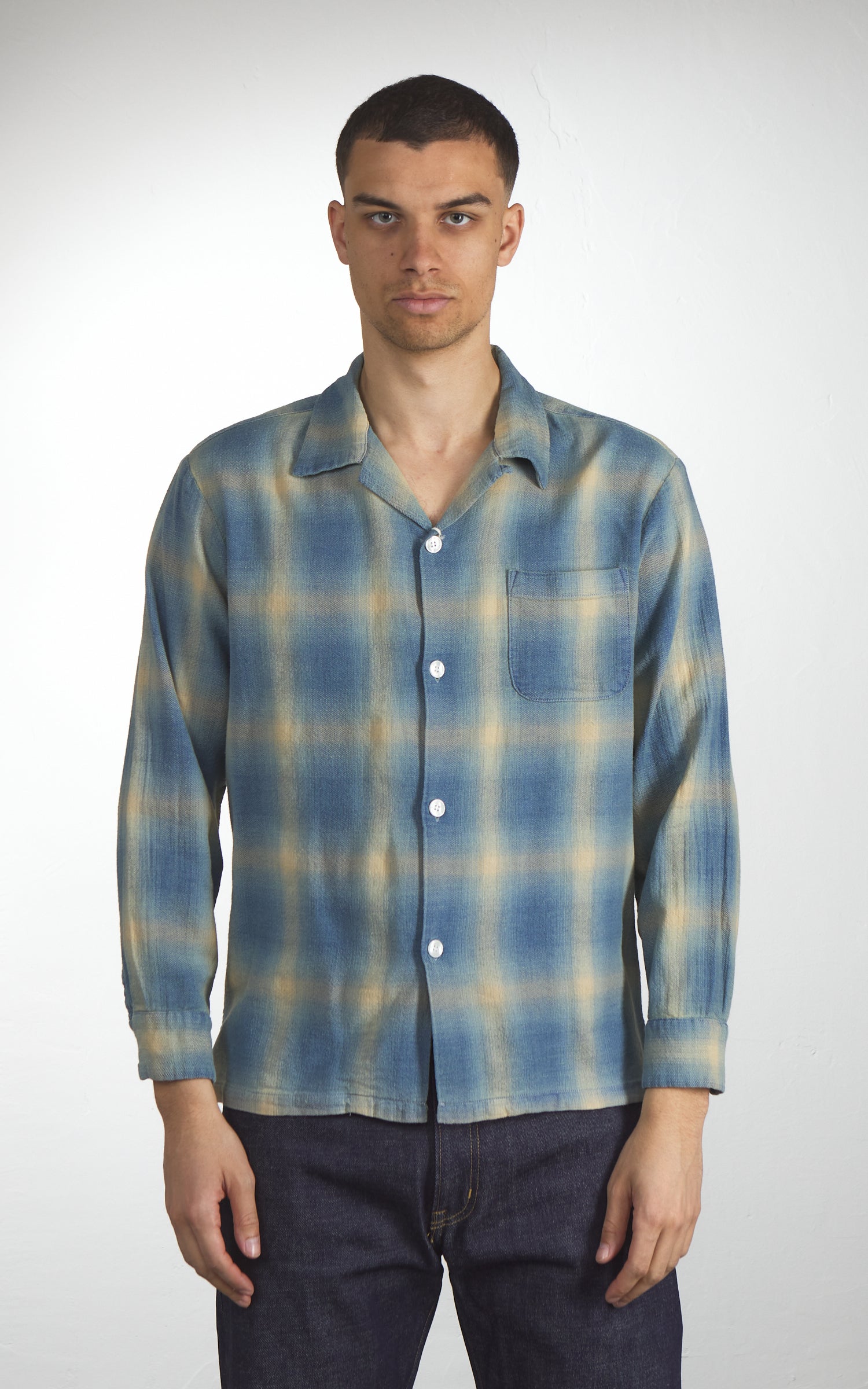 美品✨HOUSTON OMBRE CHECK SHIRT Houston Indigo Herringbone Ombre Check L/S Shirt Indigo Bleach