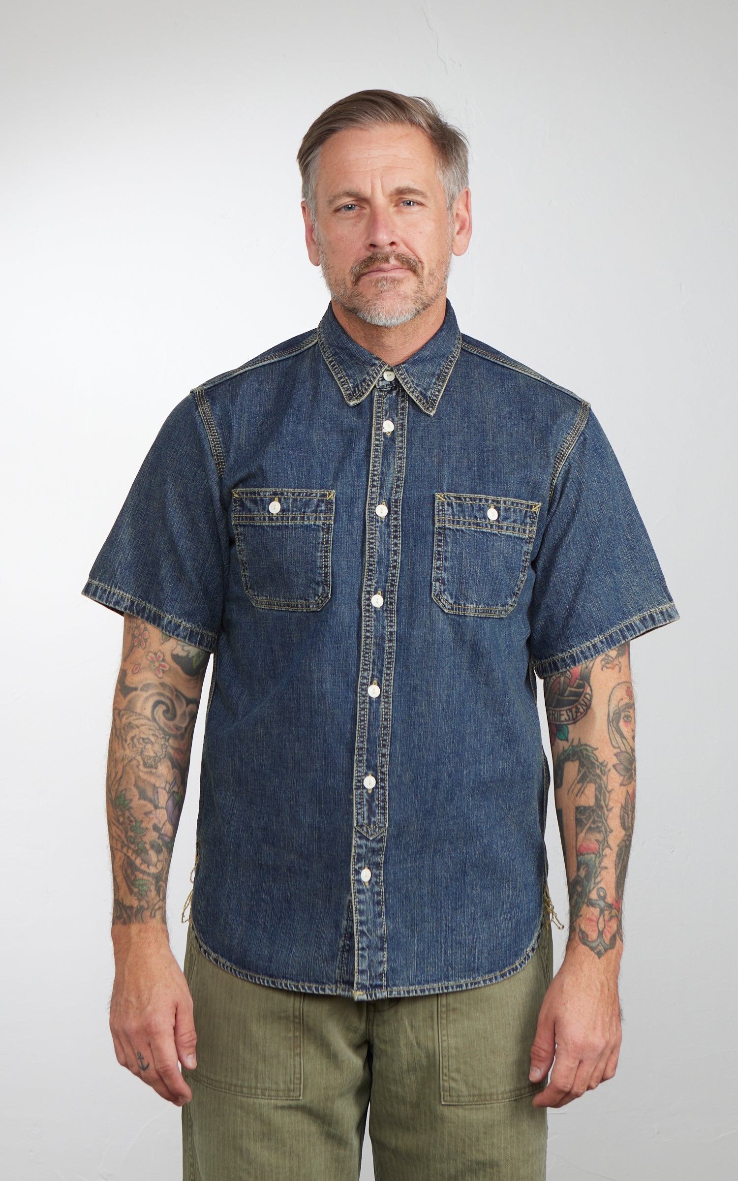 Houston U.S. Cotton Denim S/S Work Shirt Indigo Vintage Wash